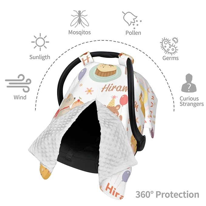 Personalized Baby Car Seat Cover with Name, Customized Cute Animal Peekaboo Opening Car Seat Canopy for Baby Girls Boys, Nursing Covers Breastfeeding Scarf, Stroller Canopies for Newborn Infant