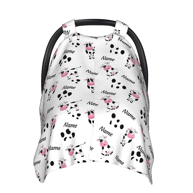 Personalized Cute Cow Baby Infant Car Seats Canopy for Babies with Name, Custom Multi-use Blankets for Baby Boys Girls, Peekaboo Minky Nursing Breastfeeding Stroller Cover Canopies for Newborn