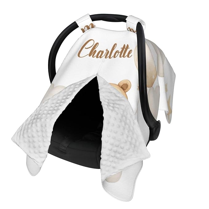 Personalized Cloud with Bear Baby Car Seat Canopy with Name – Custom Nursing Cover, Stroller Seat Cover, Breastfeeding Privacy Blanket, Soft Breathable Infant Cover for Newborn Boy Gift