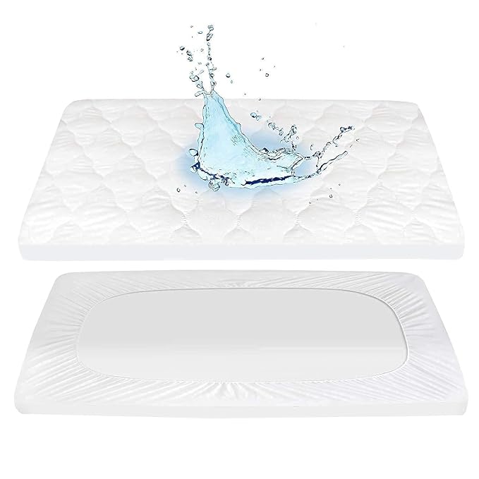 Pack n Play Fitted Sheet and Waterproof Pack n Play Mattress Pad, Soft and Breathable Cover Protector