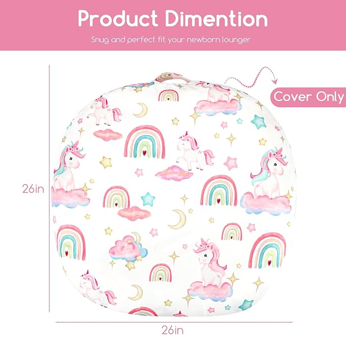 Newborn Lounger Cover for Boys Girls, Soft Comfortable Baby Lounger Cover 1 Pack Reversible Removable Fleece Slipover for Infant Lounger Pillow, Unicorn (Cover Only)