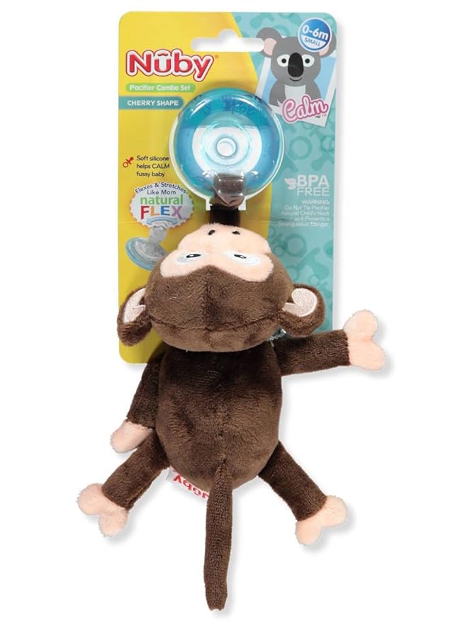 Nuby Natural Flex Cherry Pacifier with Snoozie Combo Set, Monkey, 0-6 Months