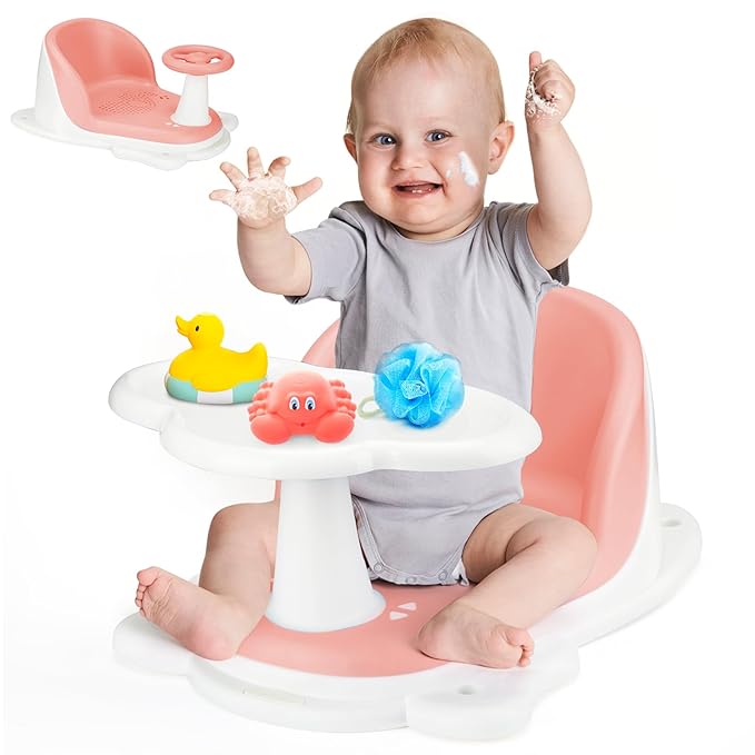 Baby Bath Seat with Tray for Babies 6 Months & Up, Baby Bathtub Seat with Ultra Strong Suction Cups, Infant Bathtub Support Chair Soft Cushion & Ergonomic Backrest, Ideal Gift for Infants (Pink)