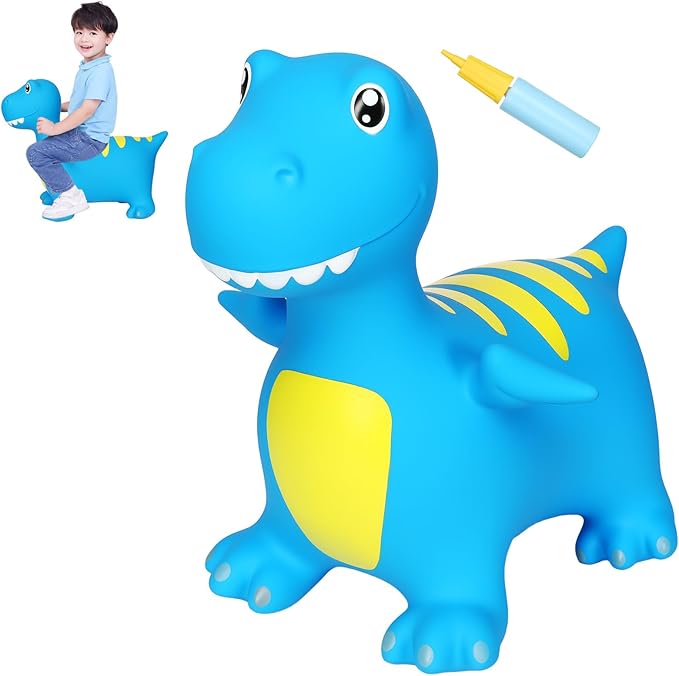 INPANY Bouncy Horse, Dinosaur Hopper Toys, Toddler Bouncing Animal, Dinosaur Party Decorations, Kids Inflatable Ride on Rubber Bouncer, Outdoor Cool Birthday Gift for 2 3 4 Yr Boy Girl Blue