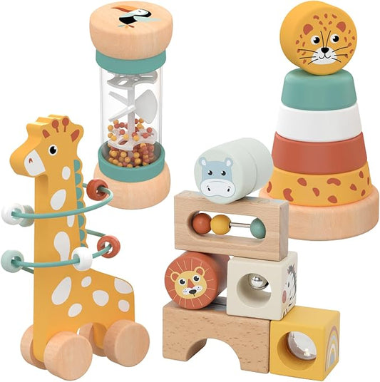 Nene Toys Montessori Toys for 1 Year Old – 4-in-1 Wooden Sensory Toy Set with Stacking Rings, Rainmaker, Giraffe Bead Maze & Activity Blocks – Educational Gift for Toddlers, Boys & Girls Age 1+