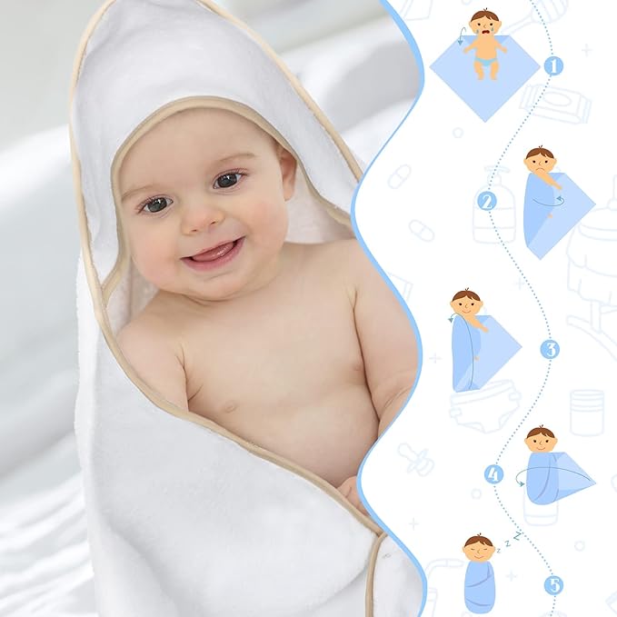 Moukeren 15 Pcs Muslin Hooded Baby Bath Towel and Washcloths Set Includes 3 Pack Newborn Hooded Towels and 12 Pack Washcloths Absorbent Coral Fleece for Baby Toddler Boy Girl Infant Essentials Gift
