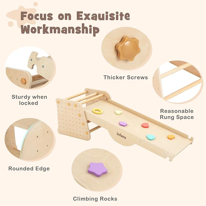 INFANS 7 in 1 Climbing Toys for Toddlers, Upgrade Wooden Montessori Cube Climber Set with Reversible Ramp Slide Ladder Seesaw, Indoor Pikler Climb Activity Jungle Gym Present for Kids Age 3+