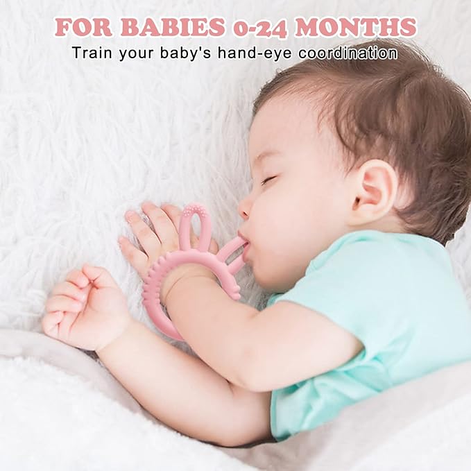 MISSLILI Silicone Babies Teethers Baby Teething Toys for Soothe Massage Sore Gums for 3-12 Months Infants, BPA Free, Easter Gifts for Boys and Girls, Ring Shape Rabbit Ear Design (Pink)