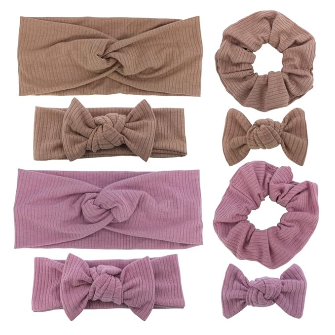 Sugarmelon Mommy and Me Headband Set Mother Baby Matching Turban Headbands for Toddler Baby Girls Women Scrunchies Hair Bow Hairbands (Mauve and Latte)