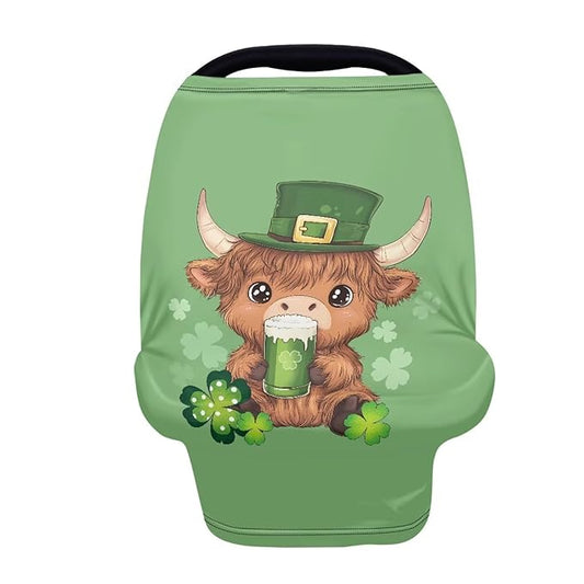 Wanyint Car Seat Cover for Boys Girls, Nursing Carseat Canopy Baby Breastfeeding Cover Multi-Use Nursing Scarf Infant Stroller Cover for Saint Patrick's Day Decor, Highland Cow Clover Green