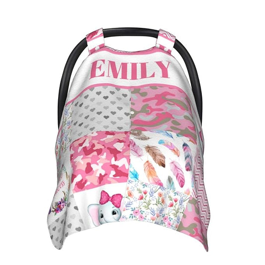 Personalized Baby Car Seat Canopy for Babies with Name, Custom Floral Elephant Pink Car Seat Covers for Girls, Opening Minky Nursing Breastfeeding Stroller Cover Carseat Canopies for Infant Newborn