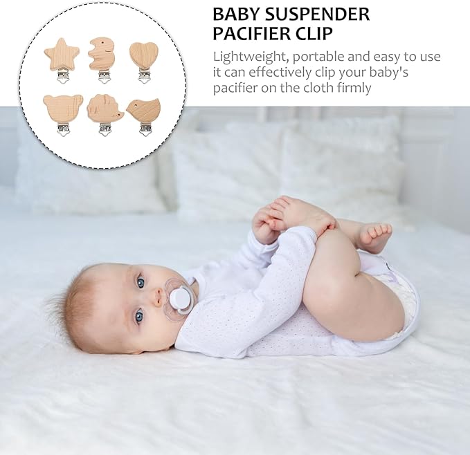 Garneck 6Pcs Natural Wood Suspender Pacifier Clips Cute Beech Wooden Animal Shape Clips Charm DIY Beading Pacifier Chain Accessory (Mixed Style)