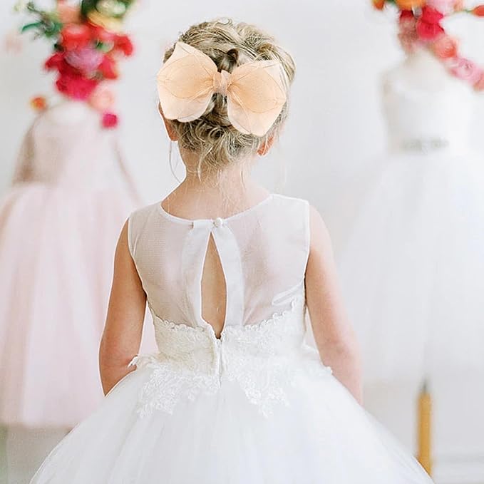 5.5-Inch Organza Double Hair Bows Alligator Clips Hair Accessories for Girls Toddler Kids Children Teens -Champagne Gold