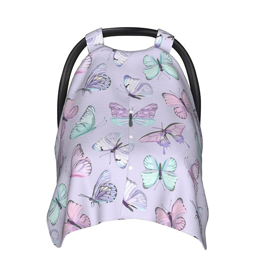 Purple Butterflies Car Seat Covers Canopy for Babies, Soft Stroller Cover Nursing Cover Breastfeeding Baby Carrier Cover for Shower Gift Newborn Toddler