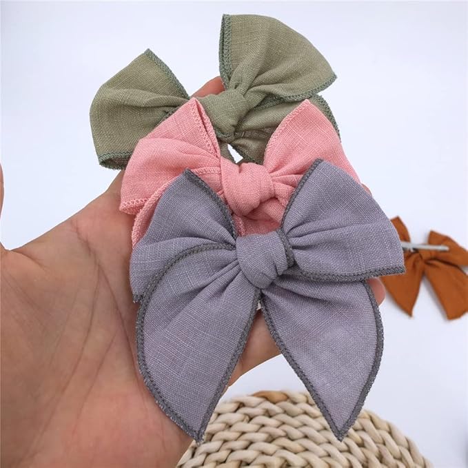 12 PCS Linen Bow Hair Clips for Baby Girls Hair Bows Alligator Clips Accessories Infants Toddler Kids Hairgrips (Linen Fable Bow 4'')