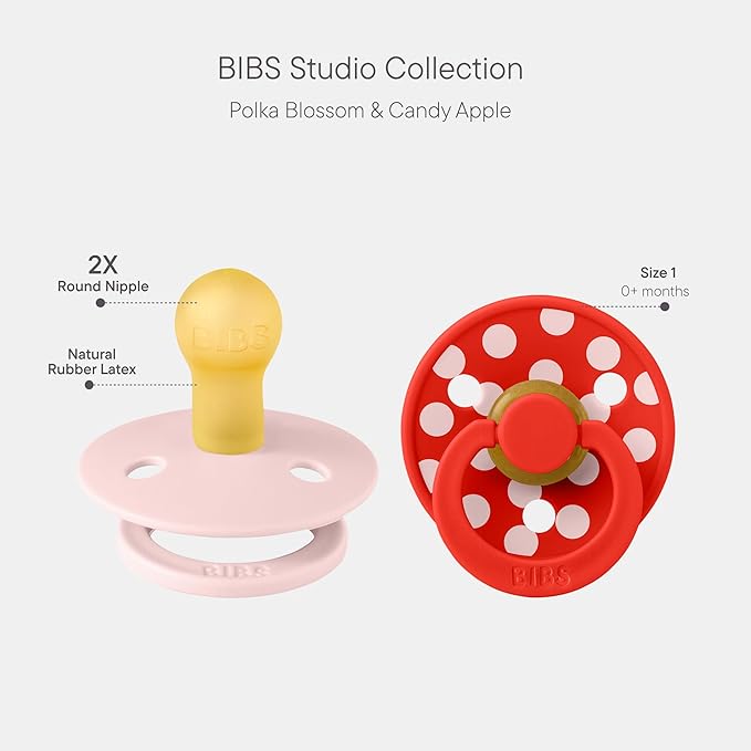 BIBS Polka Dots Pacifier 2-Pack, BPA Free Pacifiers with a Round Latex Nipple, Made in Scandinavia, Size 1 (0-6 Months), Blossom/Candy Apple