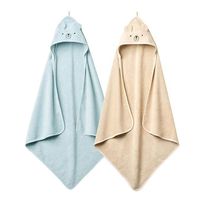 Hooded Baby Towels - 100% Organic Cotton Baby Bath Towels, 32" x 32" Super-Soft and Absorbent Baby Towels for Newborn Baby Boys 2-Pack (Bear Fog/Baby Blue)