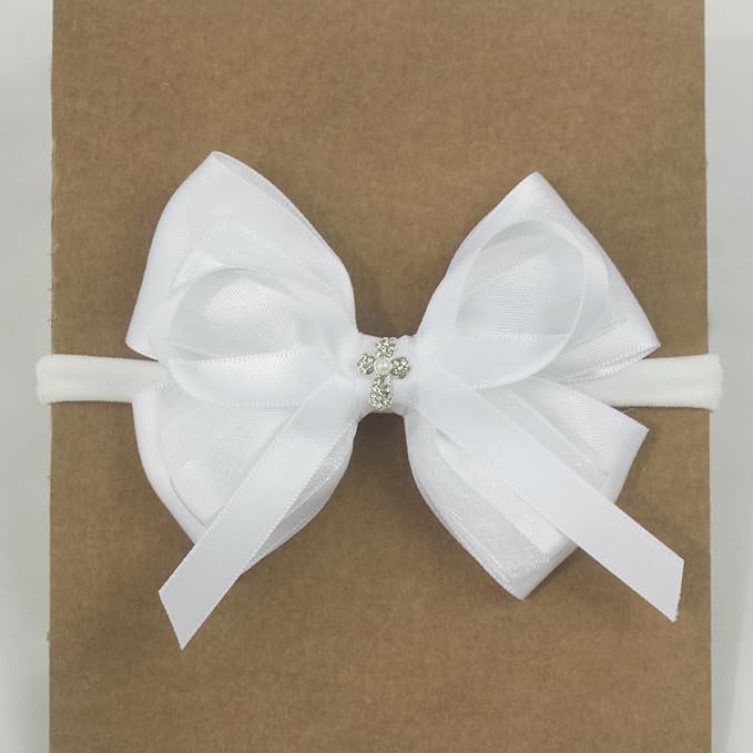 Nihao Baby White Lace Bow Big Baptism Headband for Baby Girls -1 PCS