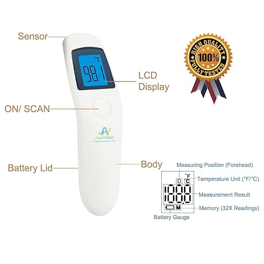 Amplim Bundle of Hospital Medical Grade No Touch Non Contact Digital Infrared Temporal Forehead Thermometer for Adult/Baby/Kid/Toddler/Infant/Nurse