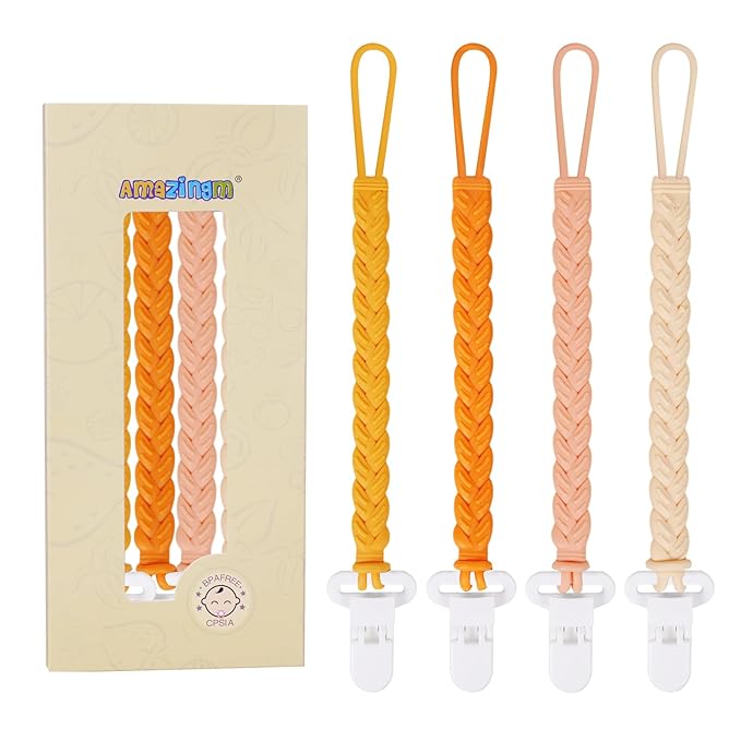 4 Pcs Yellow Baby Silicone Teething Pacifier Clip,One-piece Design,Woven Shape,BPA Free.