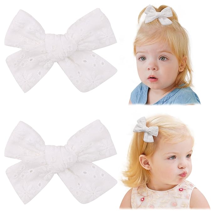 Jollybows 2pcs 3.2" Hair Bows Clips for Baby Girl Toddler Pigtail Neutral Linen Hair Clip Bows -White Eyelet