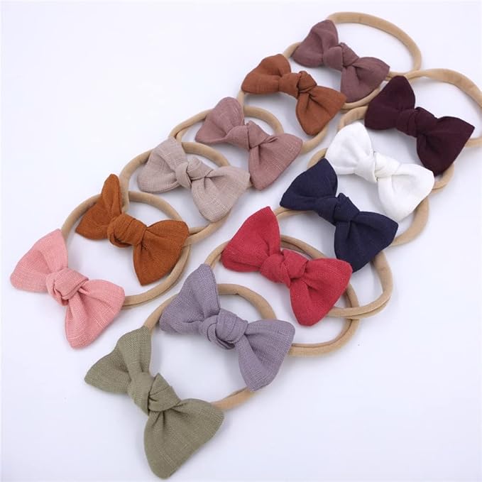 Sugarmelon Linen Bow Nylon Headband for Baby Toddler Newborn Infant Hair Bow Elastic Bands for Baby Girls Little Kids Headbands (Linen Mini bow 2.5'')