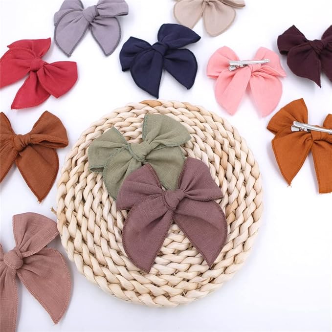 12 PCS Linen Bow Hair Clips for Baby Girls Hair Bows Alligator Clips Accessories Infants Toddler Kids Hairgrips (Linen Fable Bow 4'')