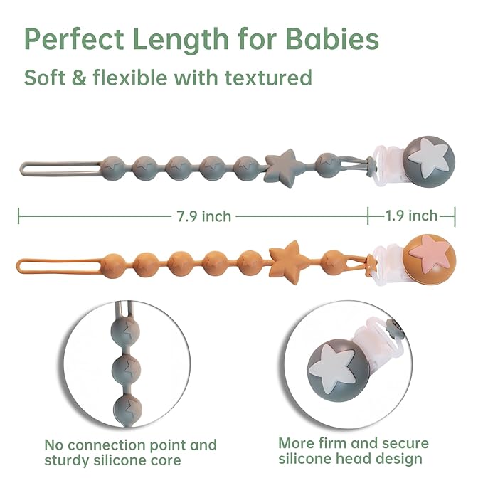 Silicone Baby Pacifier Clips for Boys and Girls, Pack of 2 Flexible Rust-Free Pacifier Holder Clip with One-Piece Design, Paci Binky Clips (Sage+Mustard)