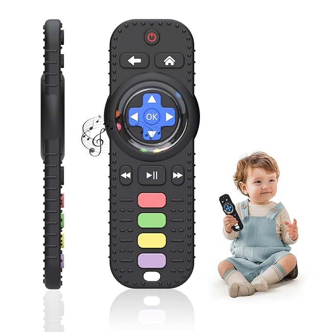 MISSLILI Teething Toy for Babies 3-6-12 Months, Silicone Baby Rattles Teether, Teething Relief Infant Toddles TV Remote Control Teether for 0-24 Months, Black