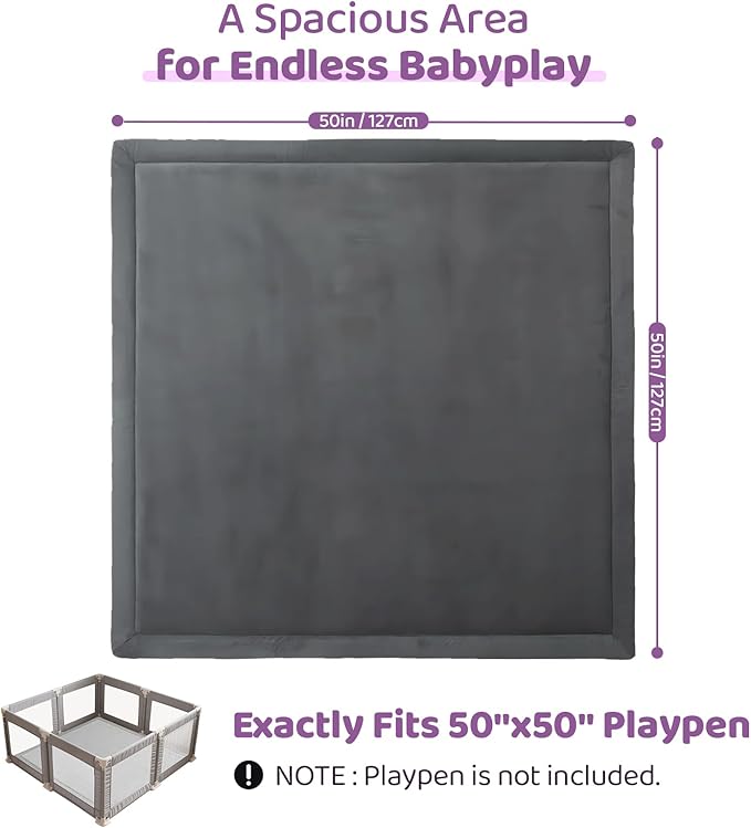 Baby Play Mat for Floor, 1.3 Inch Thick Memory Foam Tummy Time Mat with Non Slip Backing, Soft Coral Velvet 50×50 Inch Playpen Mat Crawling Tatami for Infants Toddlers Kids, Dark Gray