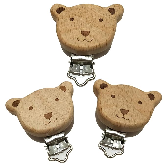 5pcs Natural Wood Suspender Pacifier Clips Cute Beech Wooden Animal Bear Shape Clips DIY Beading Pacifier Chain Accessory
