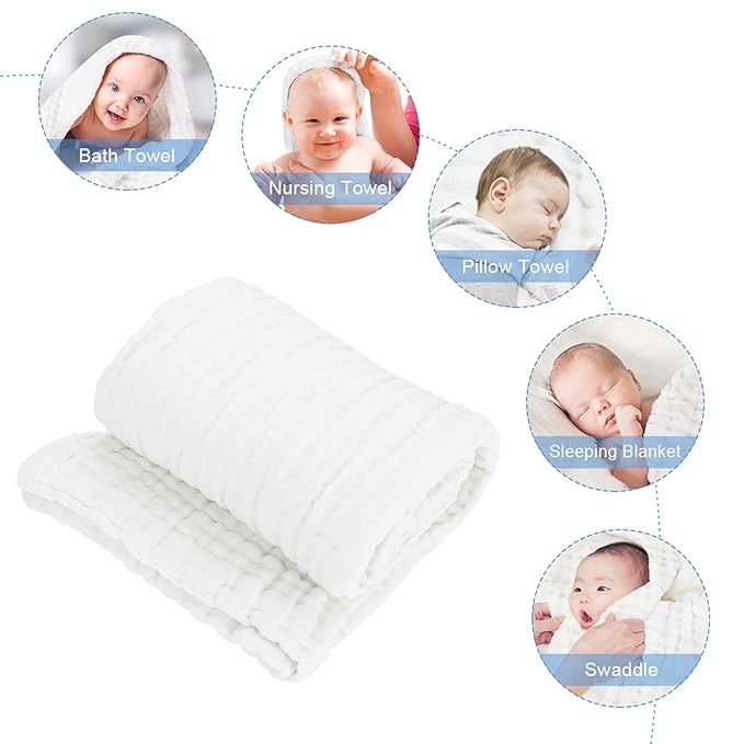 FOOK FISH Muslin Baby Towel Muslin Cotton 2-Pack 6-Layer Large Size 40" x 40" Cotton Baby Bath Towels Triple Absorbency and Quick-Drying (White)