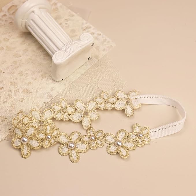 Baby Girl Gold Flower Lace Headband Toddler Elastic Floral Hair Band Newborn Infant Soft Lace Baptism Christening Hair Accessories for Birthday Party (Gold A, Standard size)