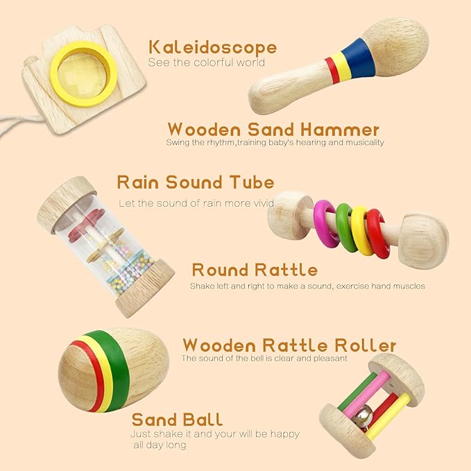 Wooden Baby Rattle, Organic Colorful Baby Rattles Set, Toddler Hand Wooden Rattles Toy Set for Infant Grasping, Sensory Development, Gift for Baby Boys Girls