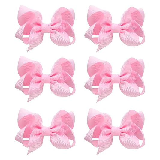 6 PCS Hair Accessories: 3" Grosgrain Ribbon Alligator Clips for Toddler Girls & Kids (Pink)