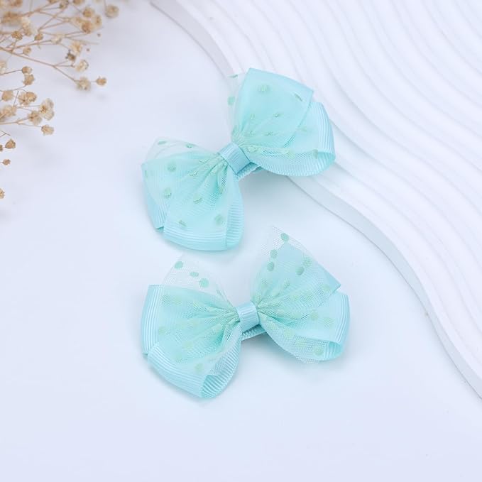 Tiny 3 Inch Dot Organza Double Hair Bow Clips - Cute Lined Boutique Alligator Hairpin for Girls, Toddlers, and Little Teens - Kids Barrettes Set of 2 Small Stylish (Green)