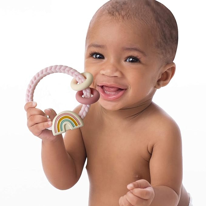 Itzy Ritzy Silicone Teether with Rattle – Rattle Teether Features Rattling Sound, Two Silicone Teething Rings and Raised Texture to Soothe Gums – Ages 3 Months and Up (Pink Rainbow)