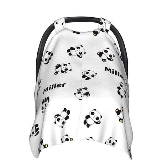 Personalized Black and White Panda Baby Infant Car Seats Canopy for Babies with Name, Lightweight Covers for Baby Boys Girls, Minky Nursing Breastfeeding Stroller Cover Canopies for Newborn