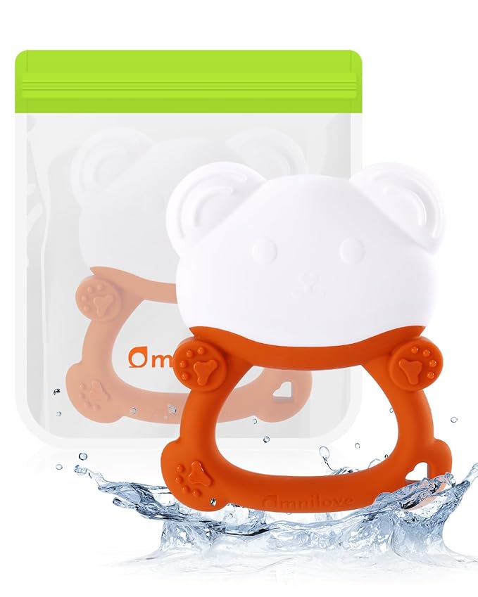 Water-Filled Freezable Baby Teether – Cooling Teething Toy for Babies 6+ Months, Gentle Comfort for Sore Gums, Includes Reusable Freezer Bags – Bear Orange