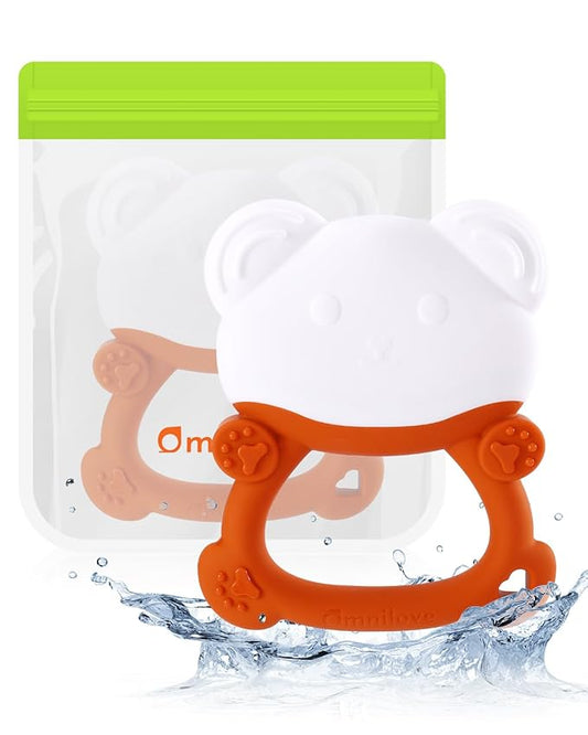 Water-Filled Freezable Baby Teether – Cooling Teething Toy for Babies 6+ Months, Gentle Comfort for Sore Gums, Includes Reusable Freezer Bags – Bear Orange