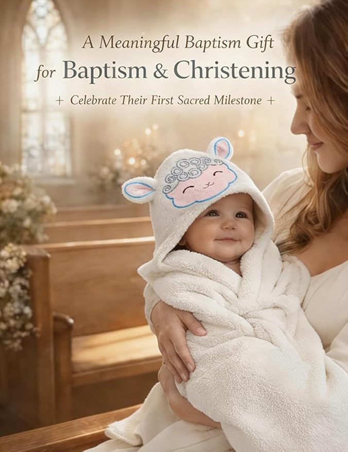 Noah's Ark Baptism Gifts, 7-Piece Christening Gift Set with Hygienic Sealed Bath Toys, Soft Hooded Lamb Towel, Storybook & Washcloth for Newborn Dedication, Baby Shower & Religious Gift