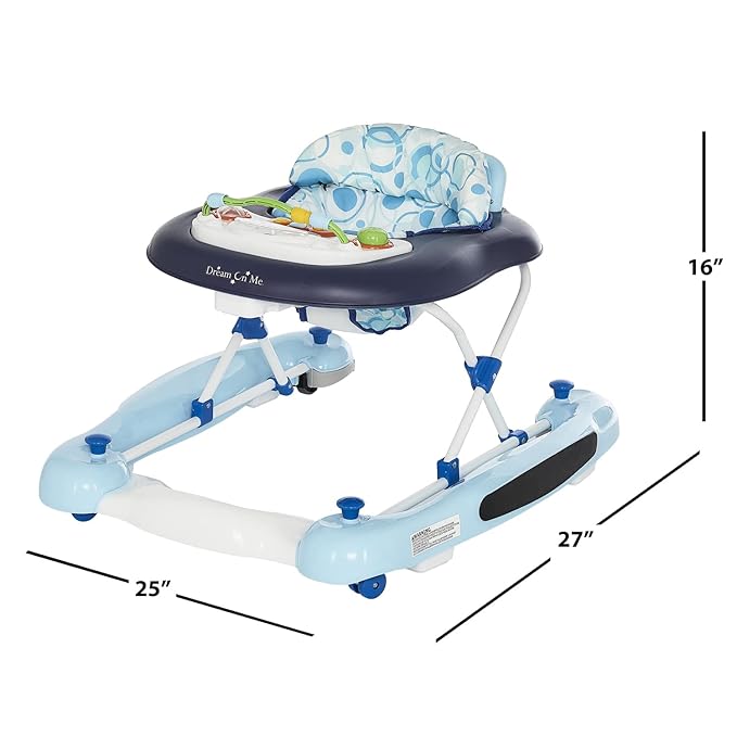 Dream On Me Go-Getter Baby Walker and Walk Behind Walker, Adjustable Seat Height, Comfortable Padded Seat, Easy to Fold, Pack and Store, Detachable Fun Tray, Blue