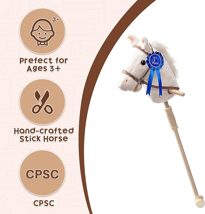 HollyHOME Stick Horse Plush with Detachable Blue Ribbon Champion Hobby Horse on Stick with Wood Wheels Real Pony Neighing and Galloping Sounds for Kids Toddlers White 36 Inches(AA Batteries Required)