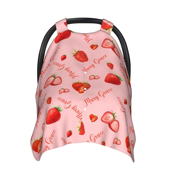 Personalized Strawberry Baby Car Seat Canopy for Girls – Custom Name Minky Nursing Cover, Infant Carseat Canopy, Opening Breastfeeding Stroller Cover for Newborn Baby Gift
