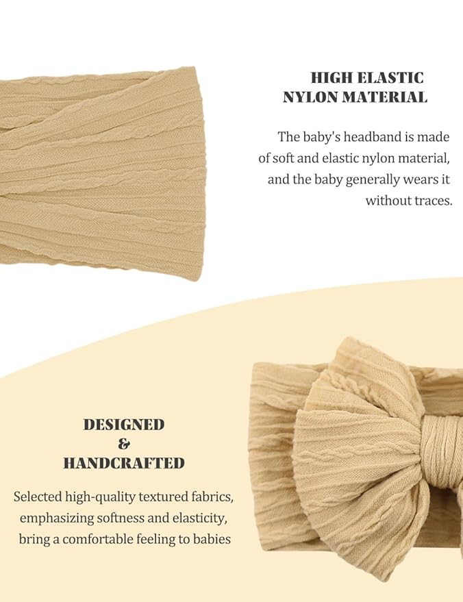 Stretchy Headbands with Bows for Newborn, Infant and Toddler Girls, Beige Unisex Head Wraps (6 Pack, 03H-09)