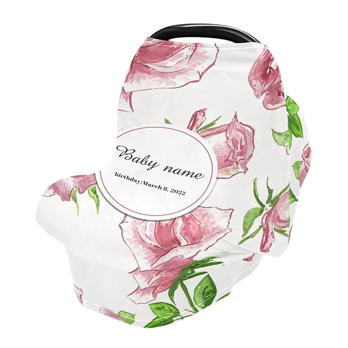 Personalized Baby Car Seat Cover for Babies, Custom Name Baby Car Seats Canopy for Girls, Nursing Breastfeeding Stroller Covers for Infant Newborn, Shower Gift (Rose Flower)