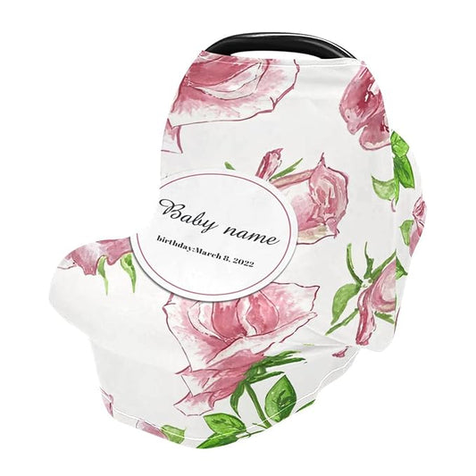 Personalized Baby Car Seat Cover for Babies, Custom Name Baby Car Seats Canopy for Girls, Nursing Breastfeeding Stroller Covers for Infant Newborn, Shower Gift (Rose Flower)