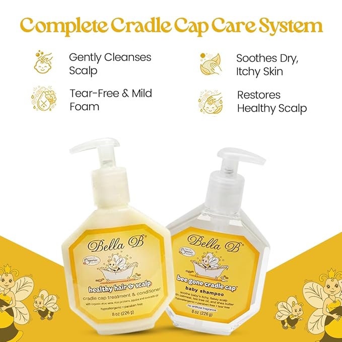 BELLA B Bundle Bee Gone Cradle Cap Shampoo & Healthy Hair Scalp Cradle Cap Treatment & Conditioner 8oz, Baby Cradle Cap Kit Enriched with Aloe Vera & Organic Extracts Oil | Paraben & Sulfate Free