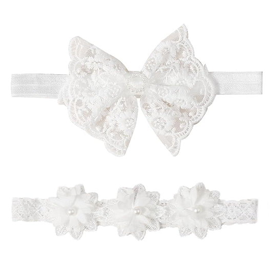 2 Pack 18-20in Elegant White Flower Christening Headbands for Baby Girl, Elastic Soft Lace with Cute Tulle Pearl Hair Strap (White flowers)