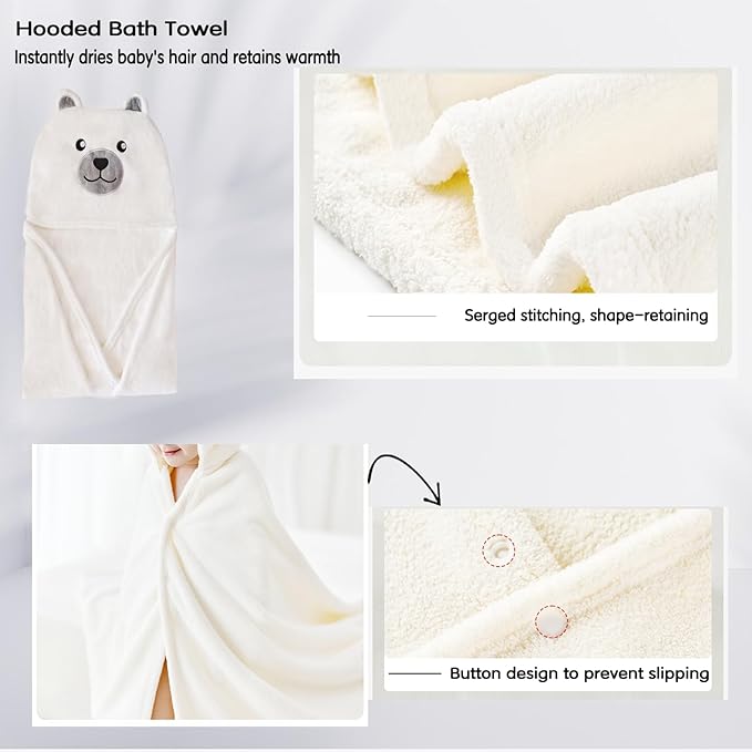 Toddler Baby Bath Towel with Hood 27.5"X55" Ultra Absorbent Soft Cozy Comfort Bathrobe Blanket, 0-6 Years Infant Shower Towel for Girls & Boys(Pearl)